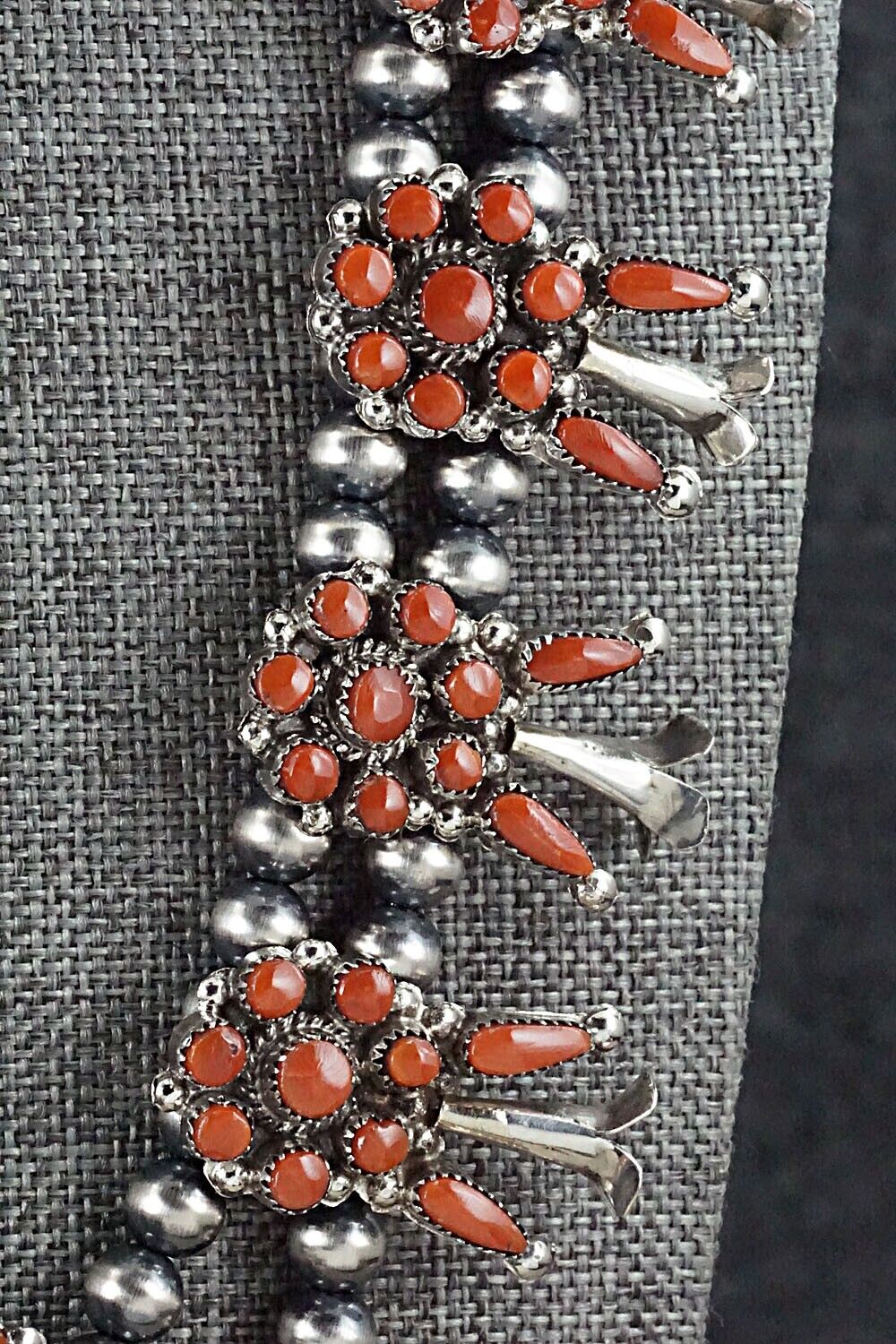 Coral & Sterling Silver Squash Blossom and Earrings Set - Viola Bobelu