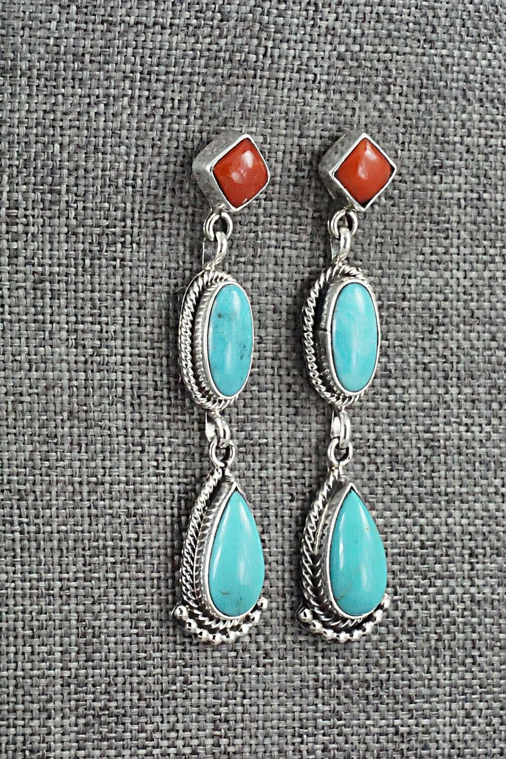 Turquoise, Coral & Sterling Silver Earrings - Verley Betone