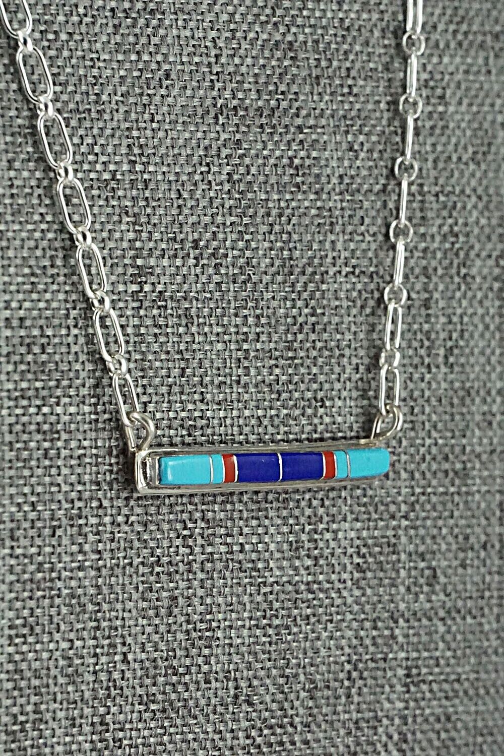 Turquoise, Coral, Lapis & Sterling Silver Inlay Necklace - Roland Natachu