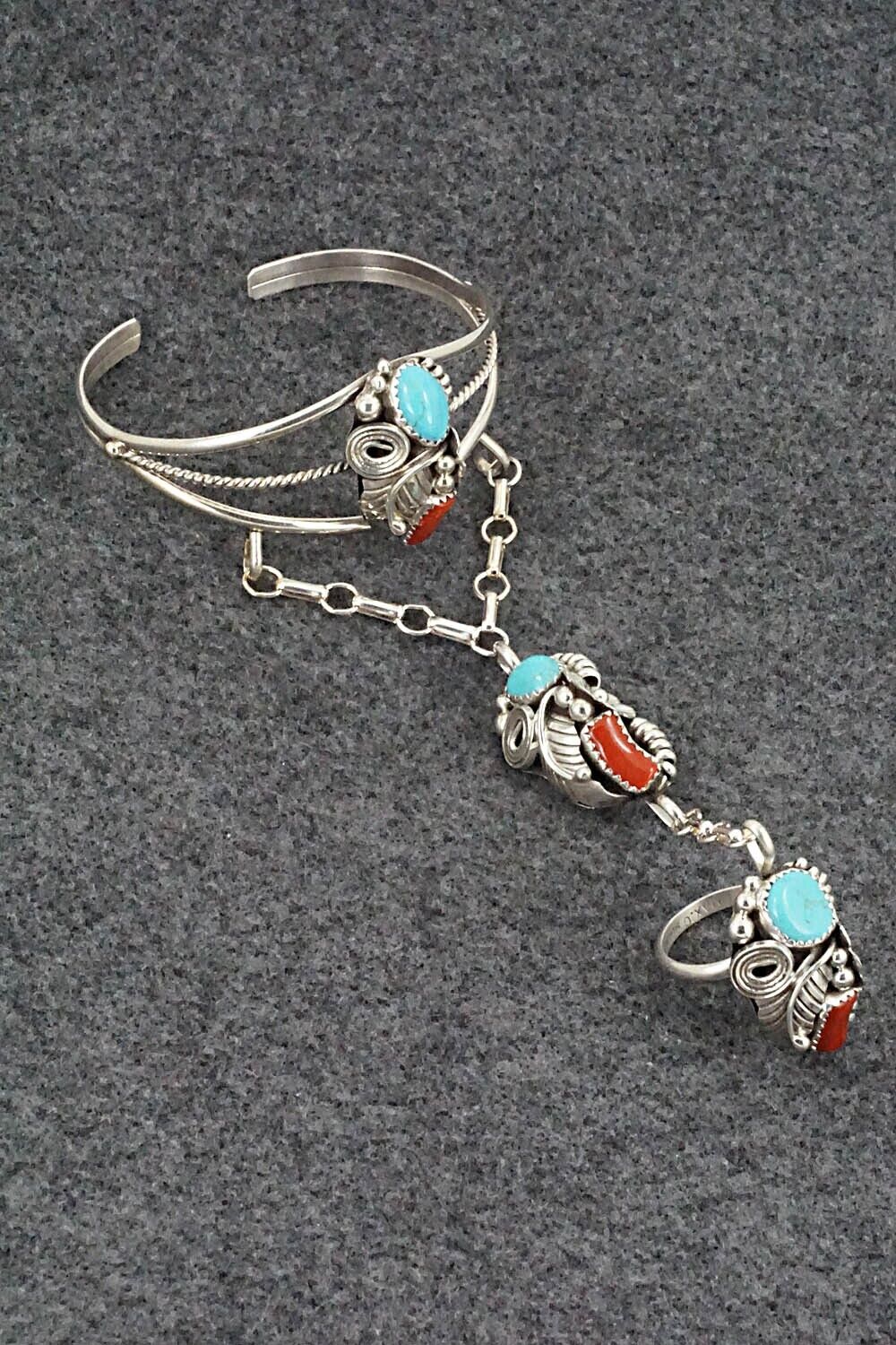 Coral and Turquoise Bracelet & Ring - Max Calladitto - Size 7.5 (Adj.)