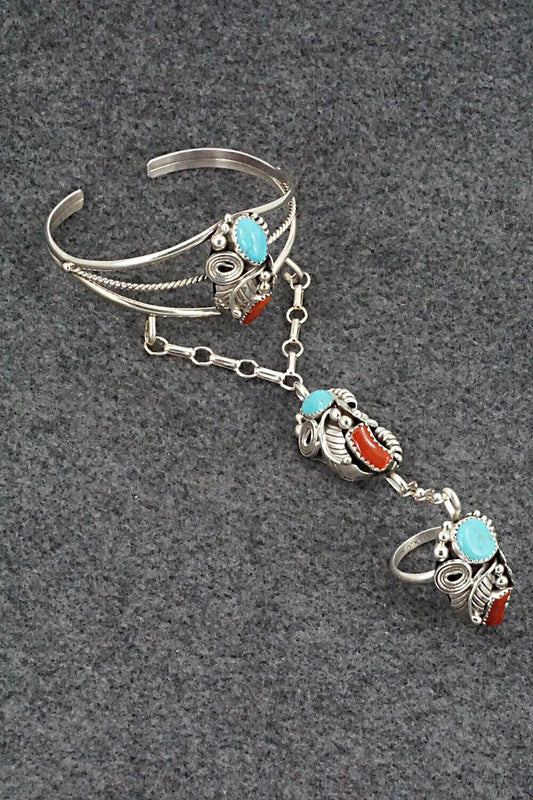 Coral and Turquoise Bracelet & Ring - Max Calladitto - Size 7.5 (Adj.)
