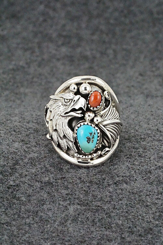 Turquoise, Coral & Sterling Silver Ring - Jeannette Saunders - Size 9.25