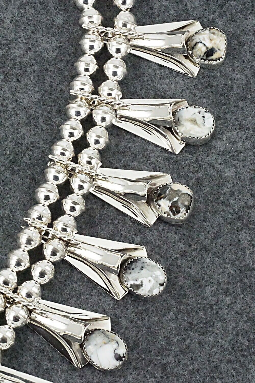 White Buffalo & Sterling Silver Squash Blossom Set - Louise Yazzie