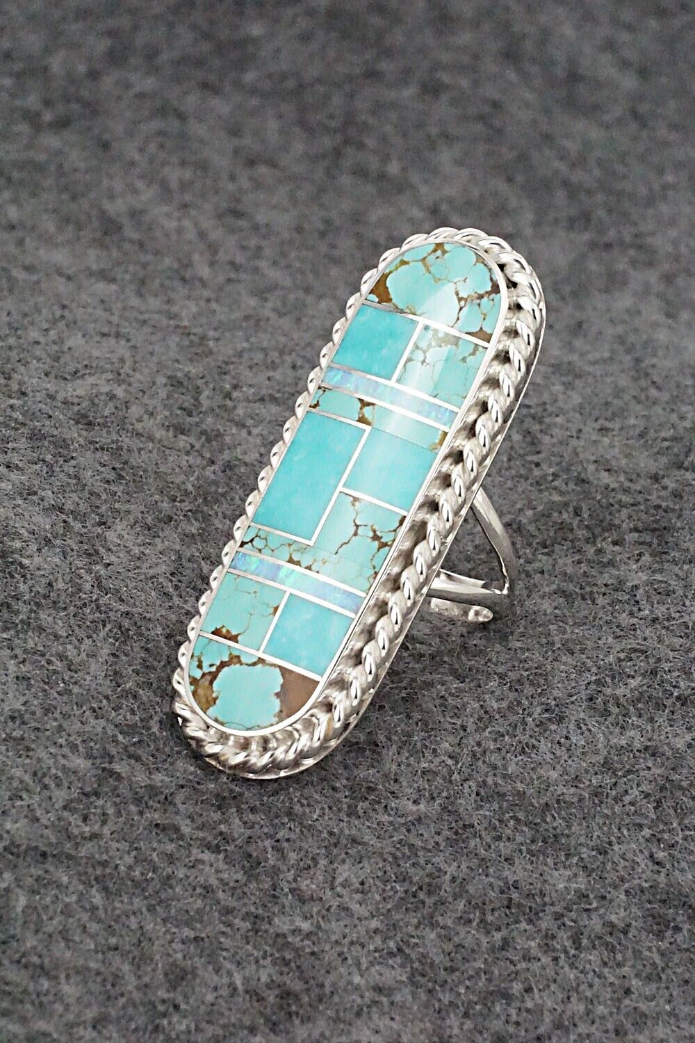 Turquoise, Opalite & Sterling Silver Inlay Ring - Curtis Manygoats - Size 7.5