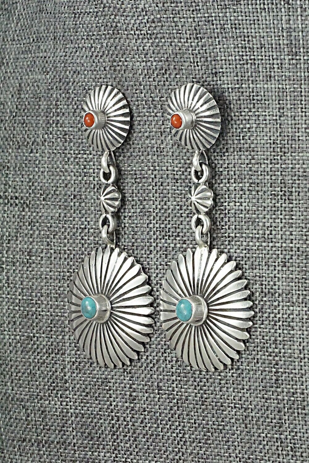 Turquoise, Coral & Sterling Silver Earrings - Verley Betone