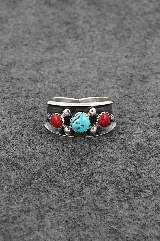 Turquoise, Coral & Sterling Silver Ring - Paul Largo - Size 12