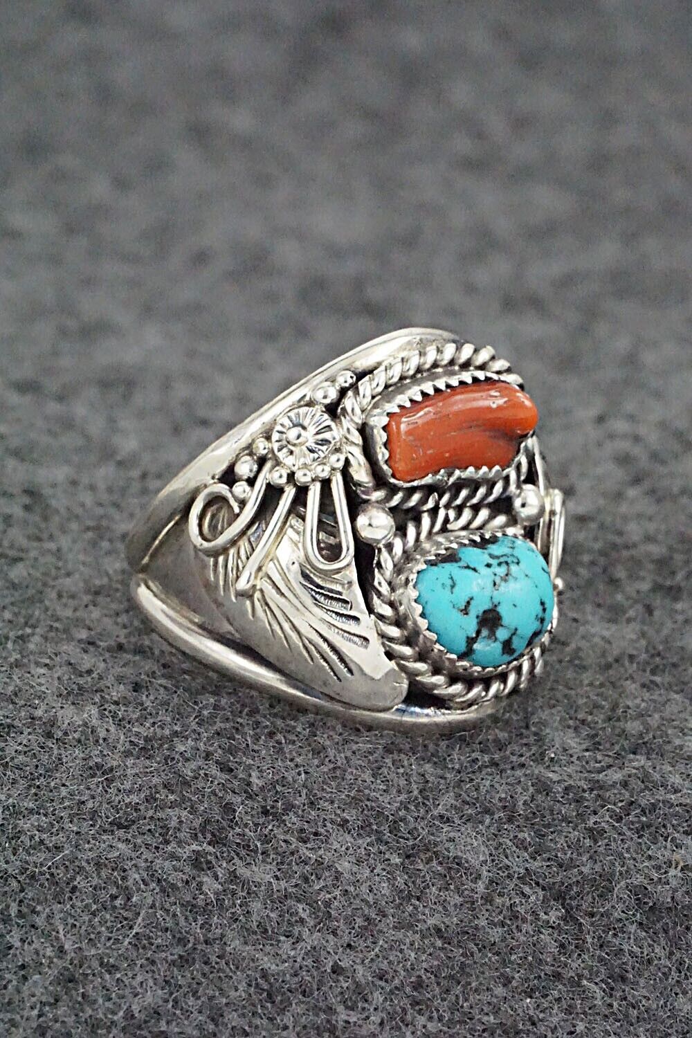 Turquoise, Coral & Sterling Silver Ring - Leonard Spencer - Size 11.75