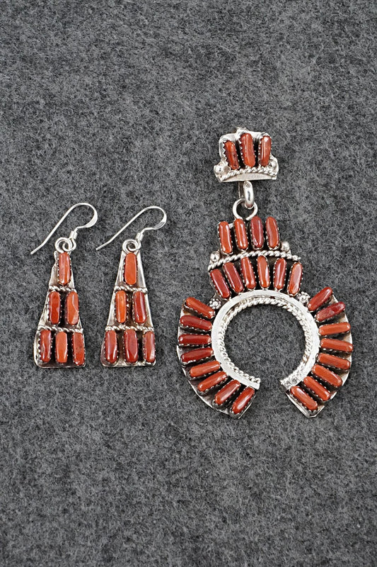 Coral & Sterling Silver Pendant and Earrings Set - Evangeline Tsabetsaye