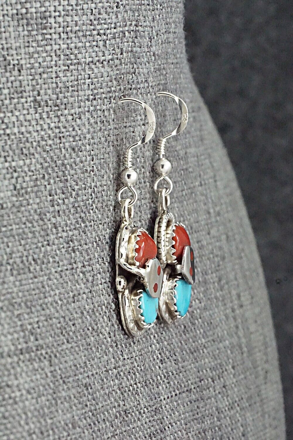 Turquoise, Coral & Sterling Silver Earrings - Joy Calavaza