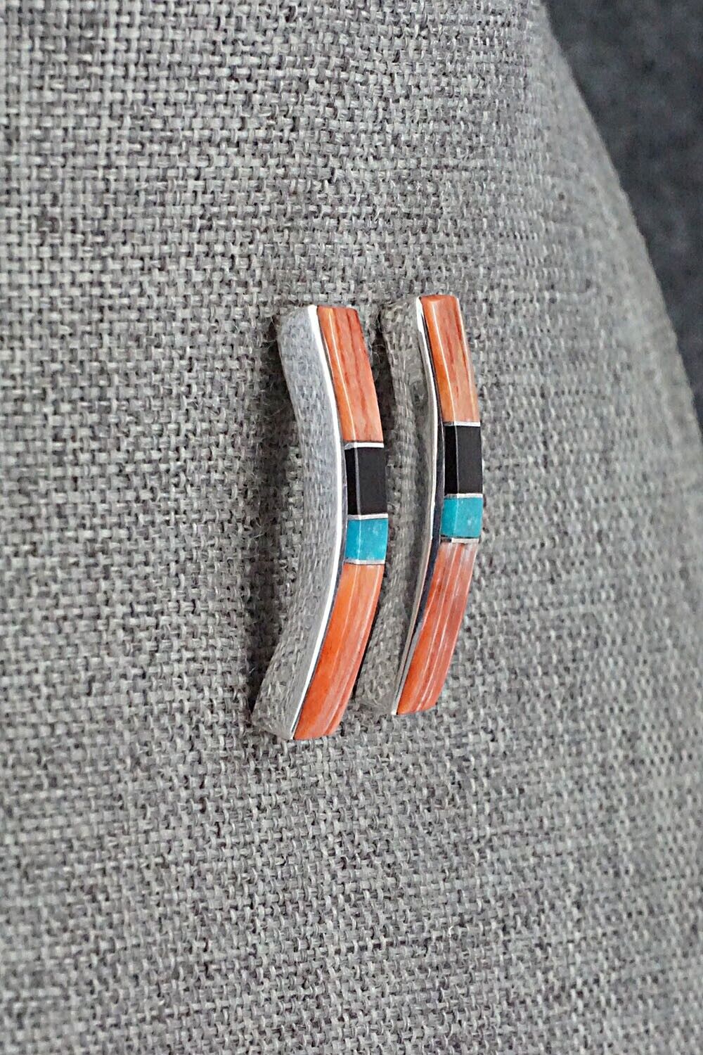 Spiny Oyster, Turquoise, Onyx & Sterling Silver Inlay Earrings - Marilyn Yazzie