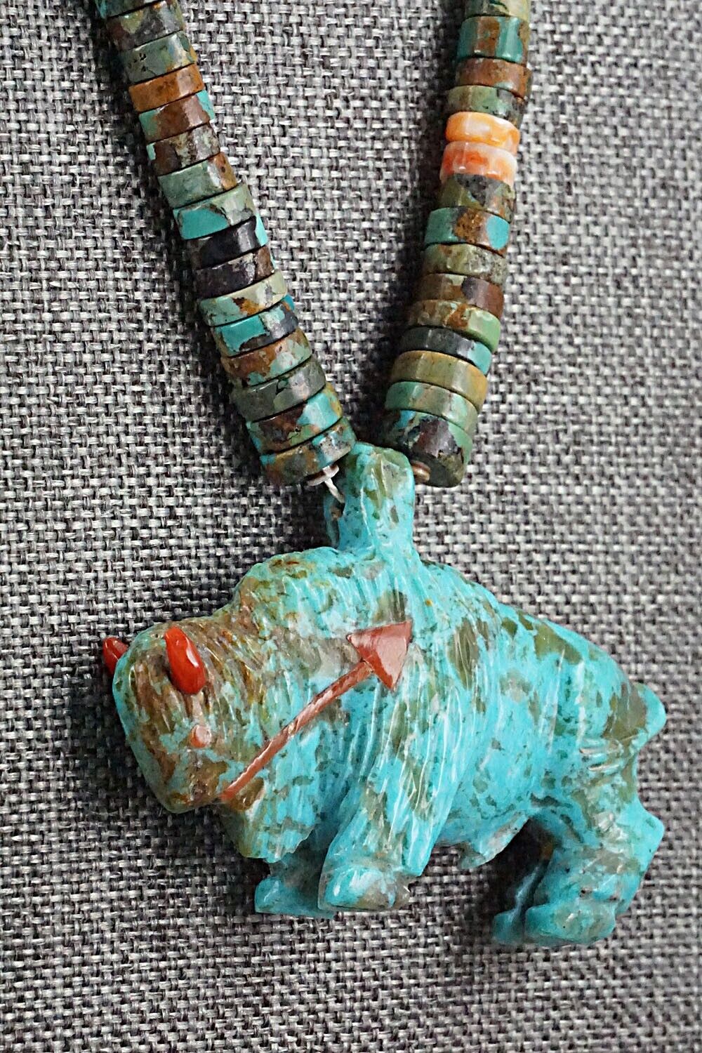 Multi Stone Buffalo Zuni Fetish Carving Beaded Necklace - Andres Quandelacy