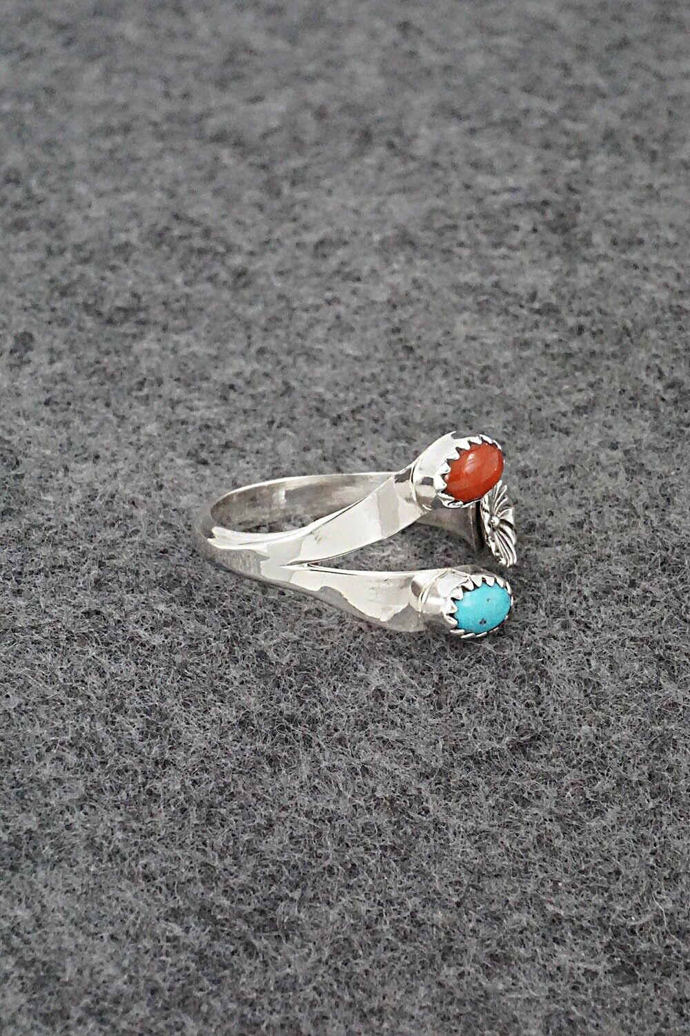 Turquoise, Coral & Sterling Silver Ring - Robert Martinez - Size 8.5