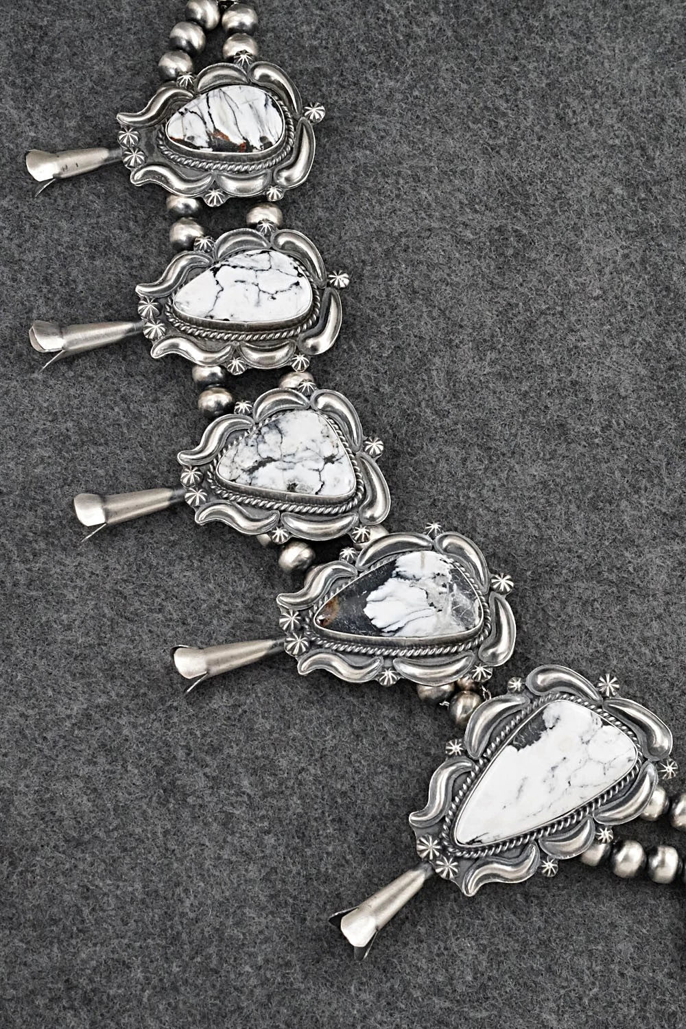 White Buffalo & Sterling Silver Squash Blossom Set - Raymond Delgarito