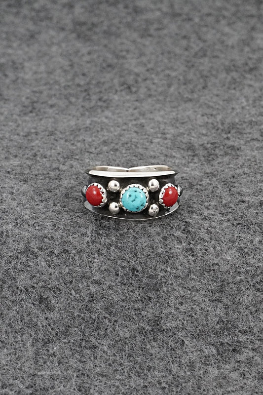 Turquoise, Coral & Sterling Silver Ring - Paul Largo - Size 8.5