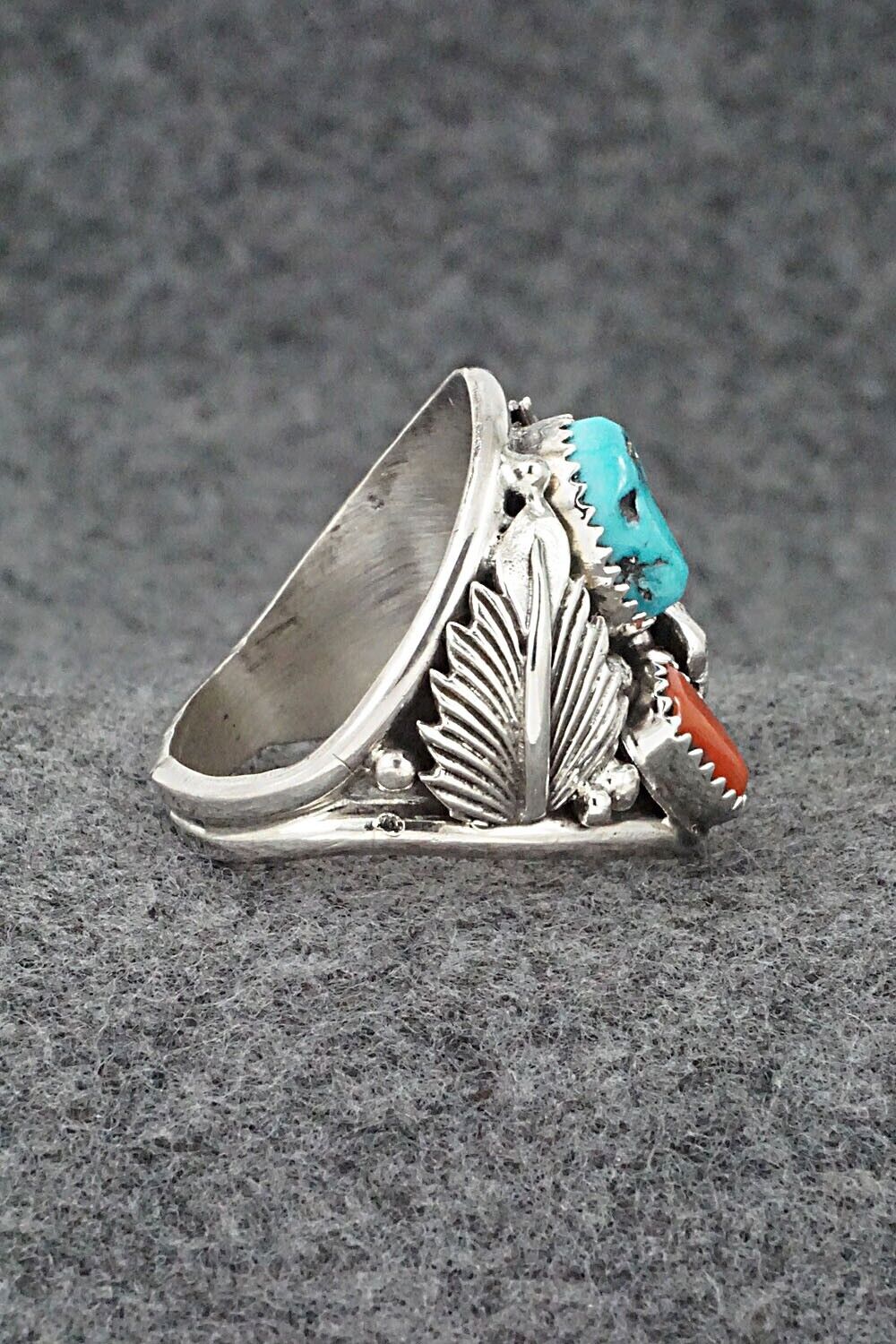 Turquoise, Coral & Sterling Silver Ring - Jeannette Saunders - Size 13.75