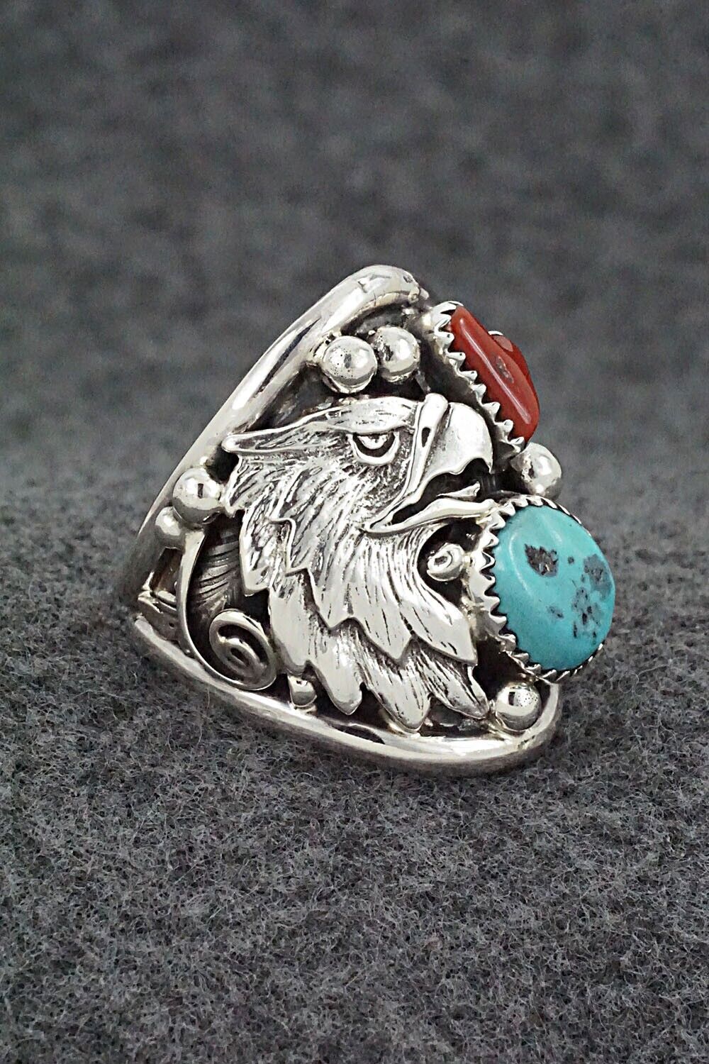 Turquoise, Coral & Sterling Silver Ring - Jeannette Saunders - Size 9.5