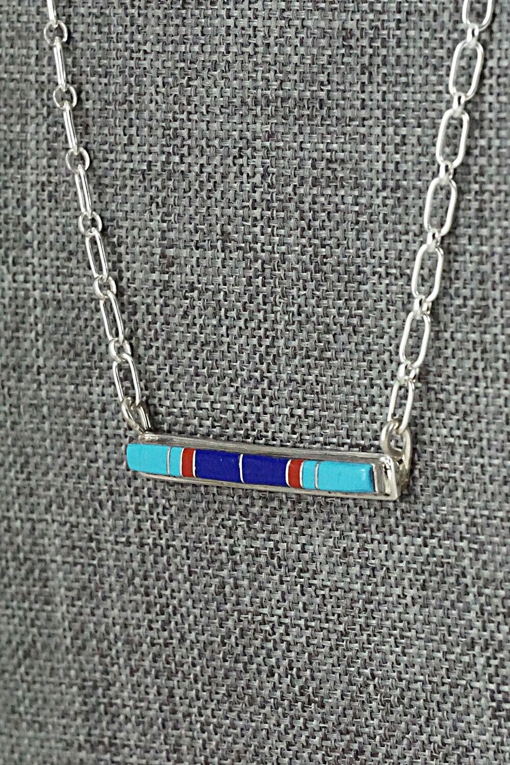 Turquoise, Coral, Lapis & Sterling Silver Inlay Necklace - Roland Natachu
