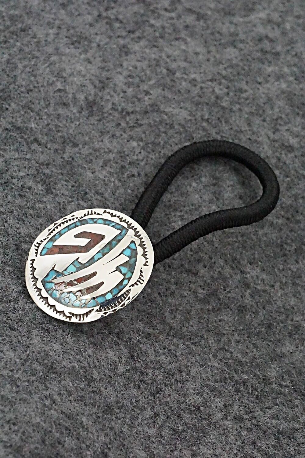 Turquoise, Coral Chip Inlay & Sterling Silver Hair Tie - Joleen Yazzie