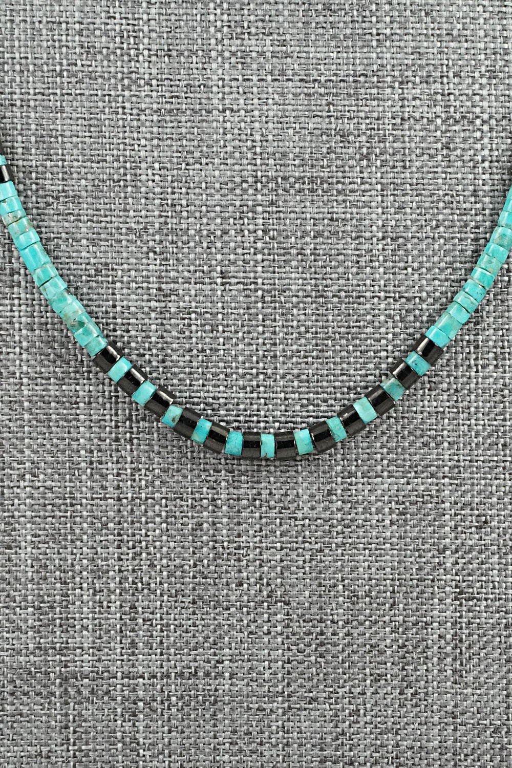 Turquoise, Onyx & Sterling Silver Necklace 19" - Helen Tsosie