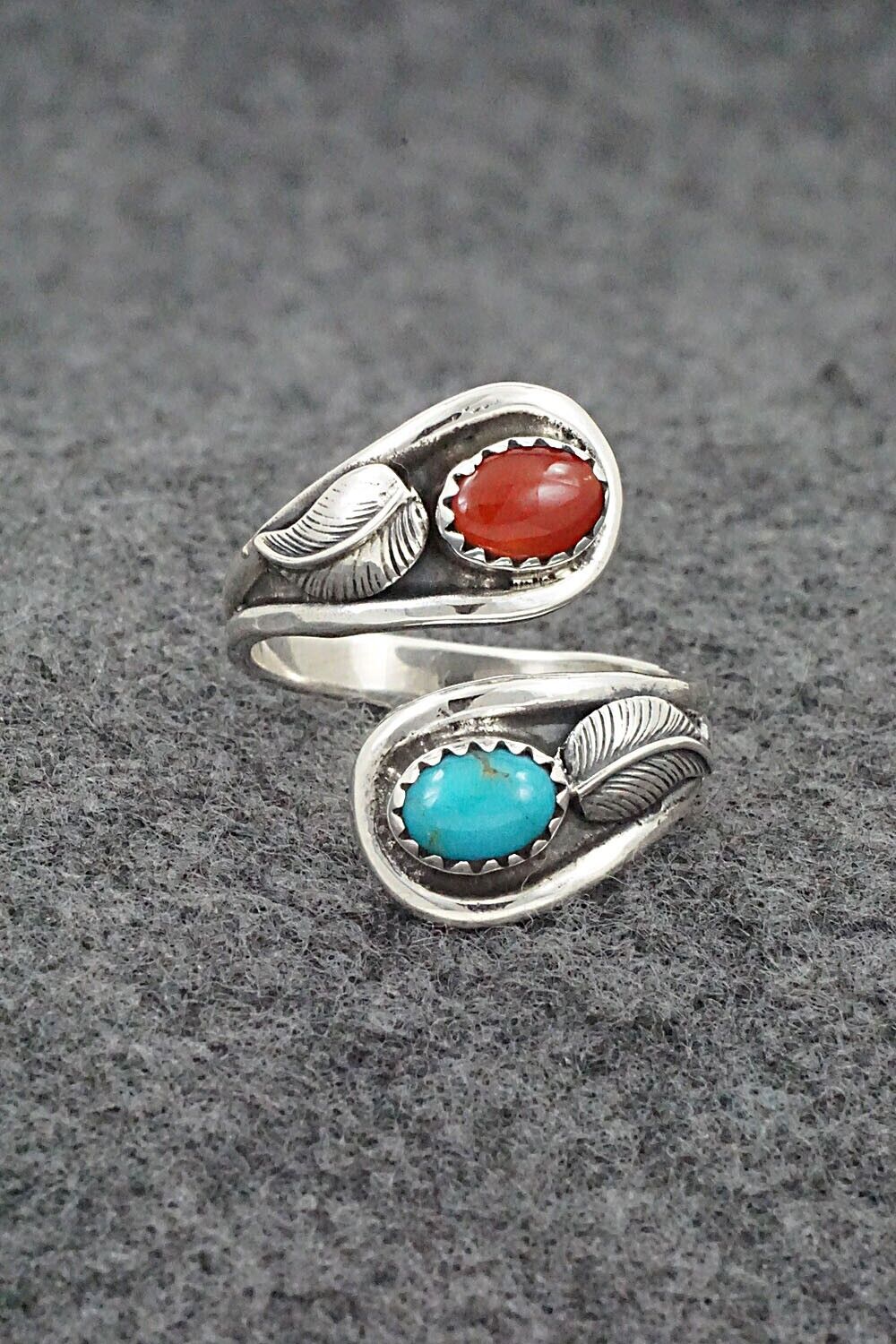 Turquoise, Coral & Sterling Silver Ring - Angela Platero - Size 8.5