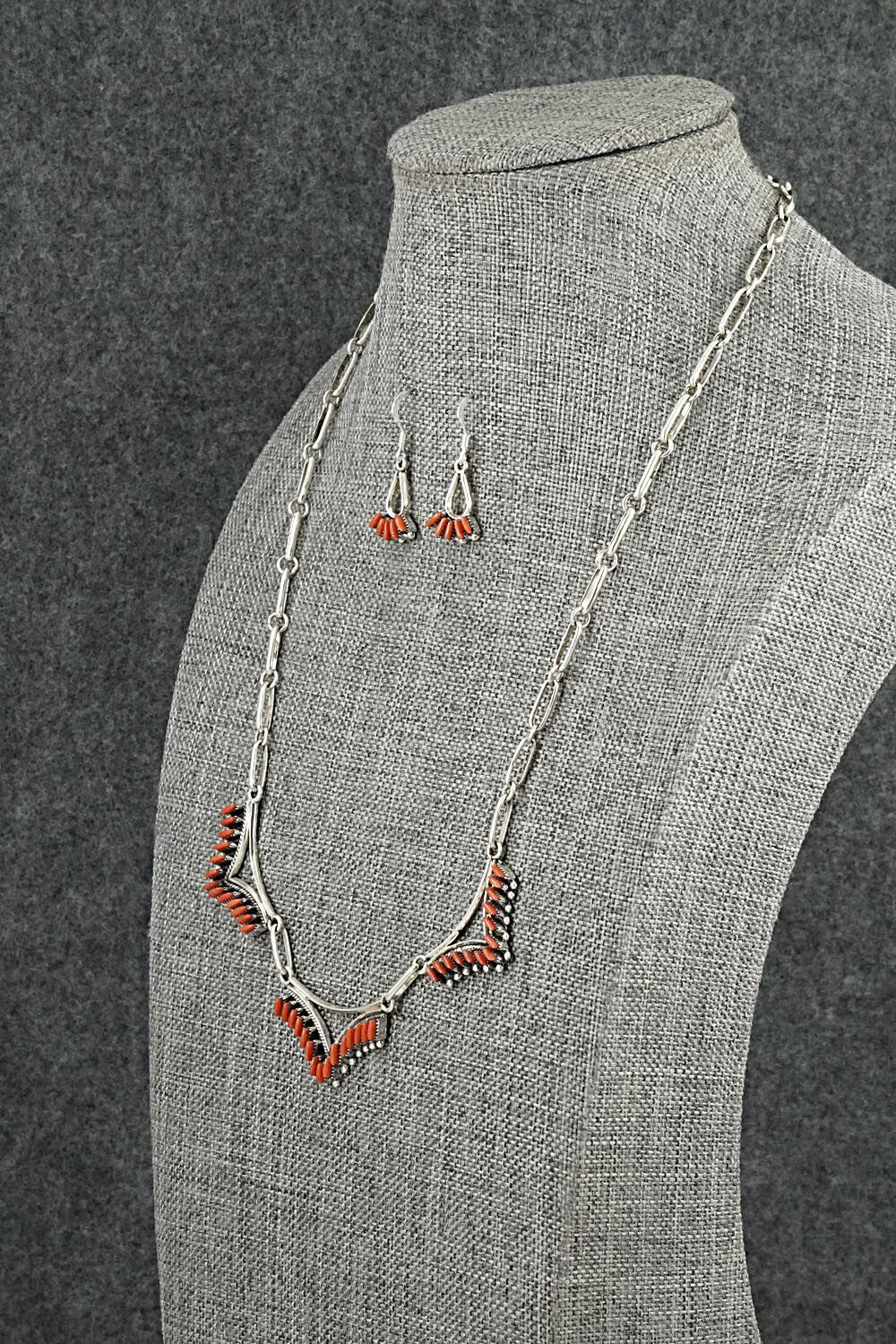 Coral & Sterling Silver Necklace and Earrings Set - Mildred Ukestine