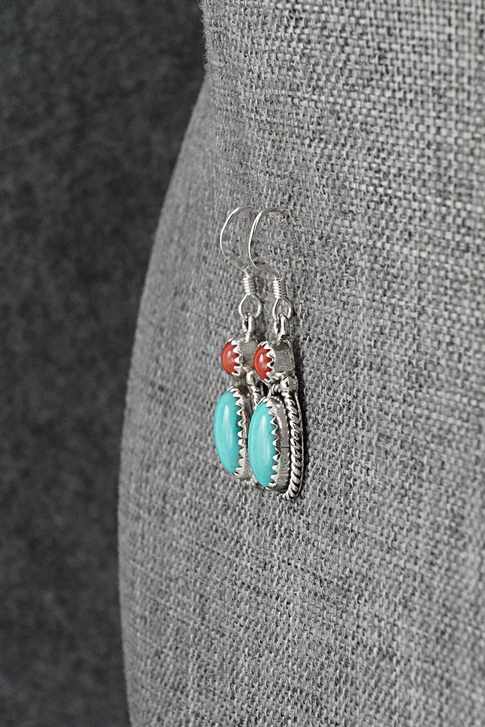 Turquoise, Coral & Sterling Silver Earrings - Verley Betone