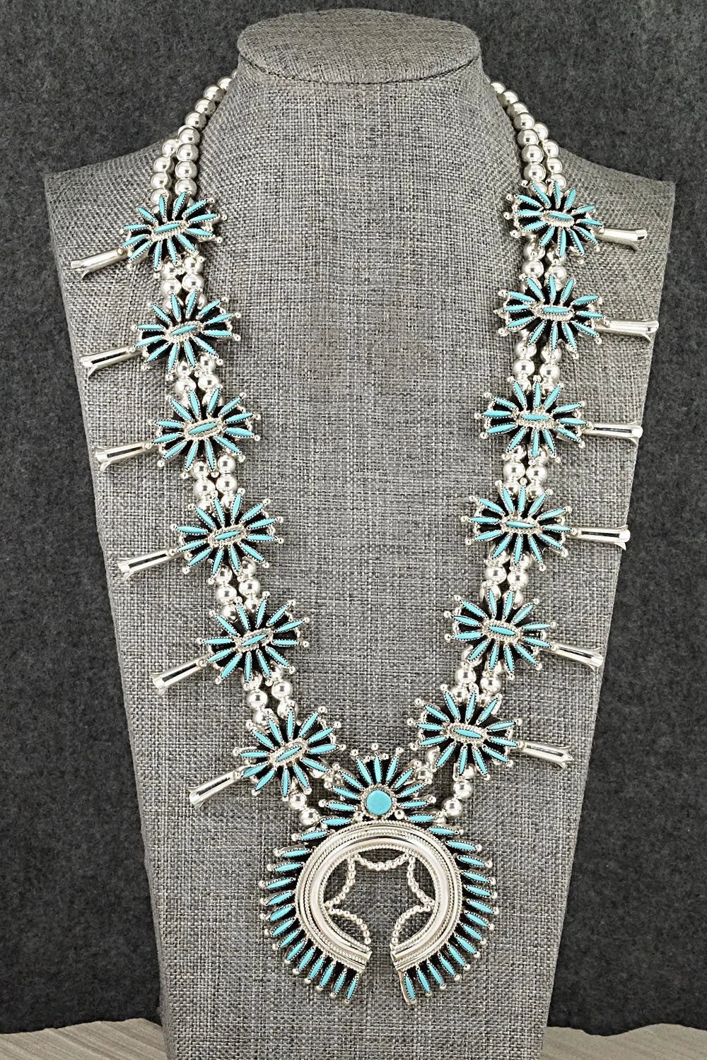 Turquoise & Sterling Silver Squash Blossom Necklace Set - Gerald Etsate