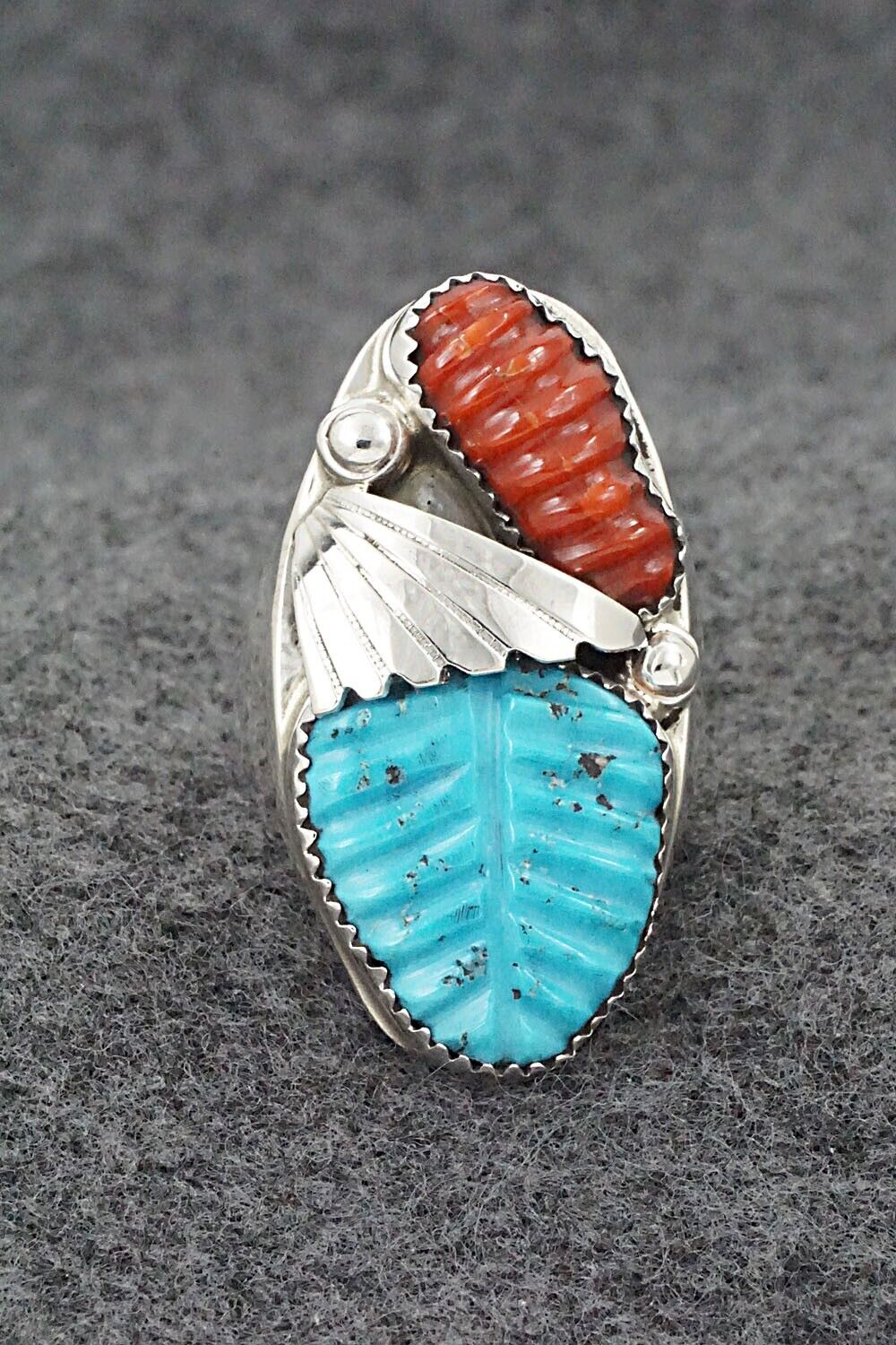 Turquoise, Coral & Sterling Silver Ring - Lyolita Tsattie - Size 10.5