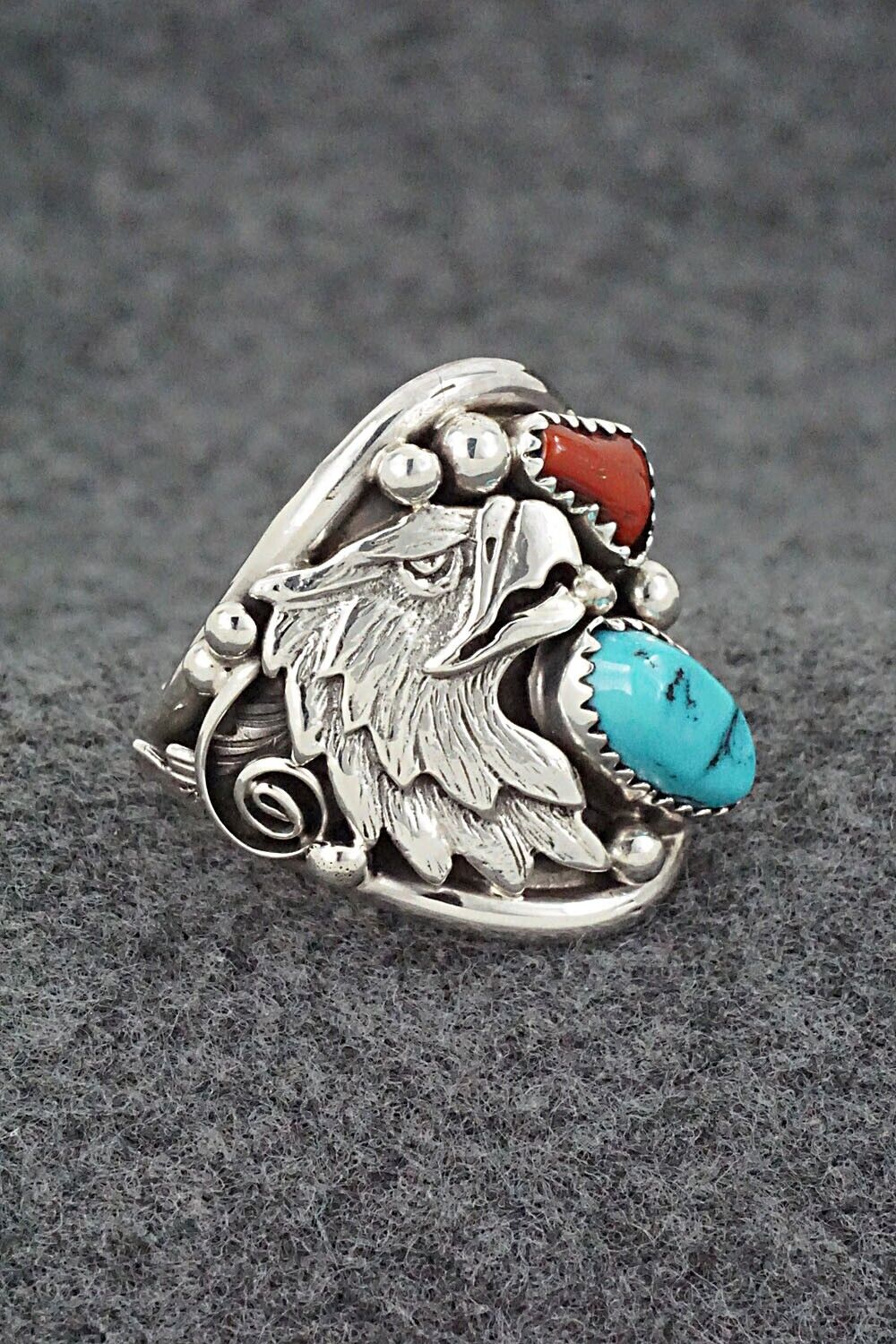 Turquoise, Coral & Sterling Silver Ring - Jeannette Saunders - Size 11