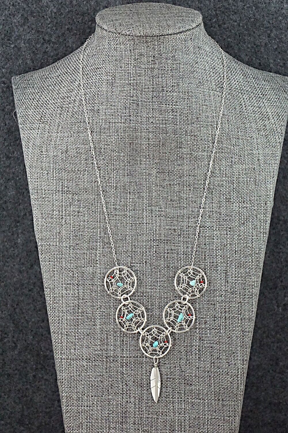 Turquoise, Coral & Sterling Silver Necklace - Lorenzo Arviso Jr.