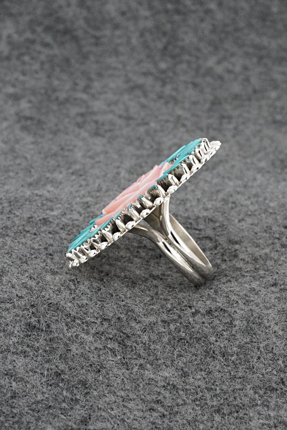 Turquoise, Pink Conch & Sterling Silver Ring - Roland Francisco - Size Adj.