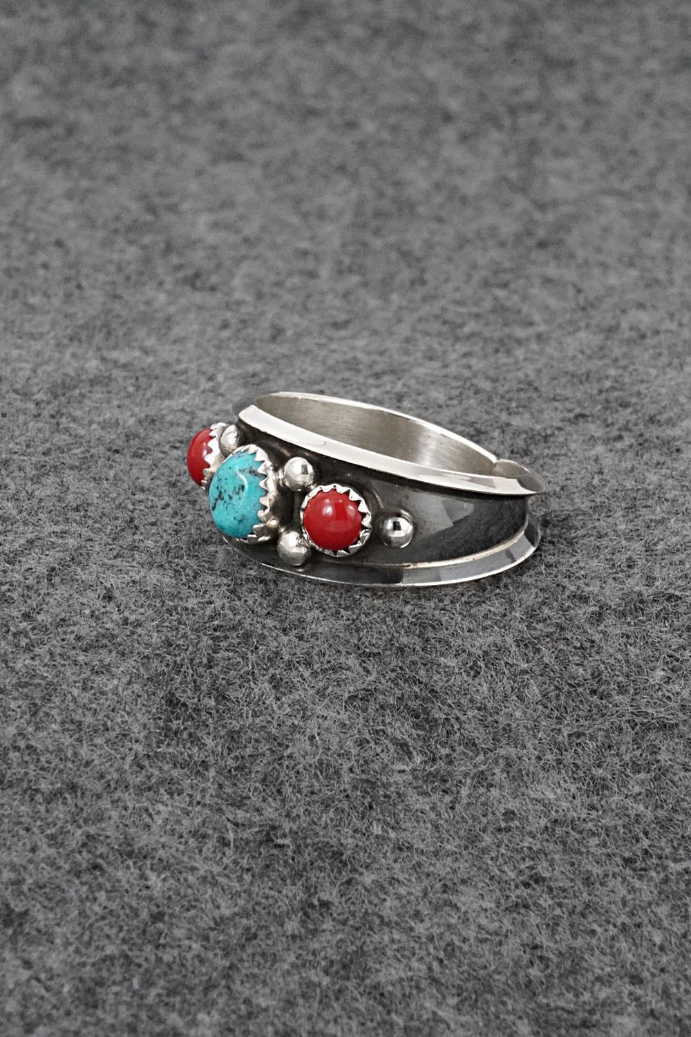 Turquoise, Coral & Sterling Silver Ring - Paul Largo - Size 13