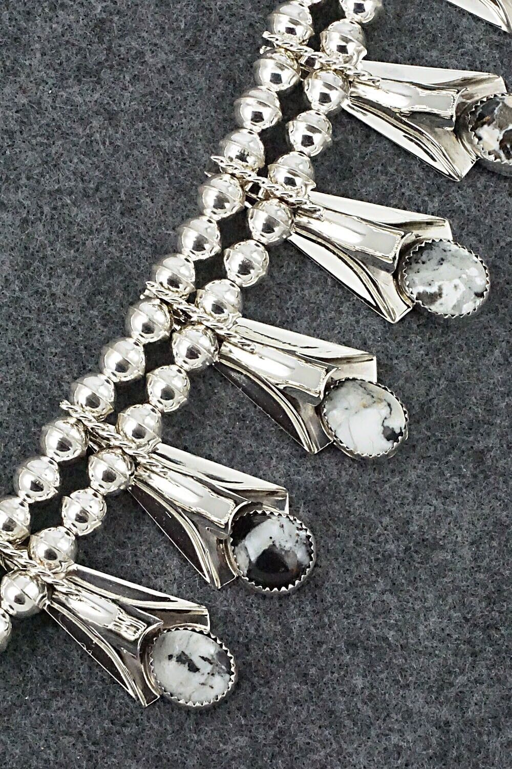 White Buffalo & Sterling Silver Squash Blossom Set - Louise Yazzie
