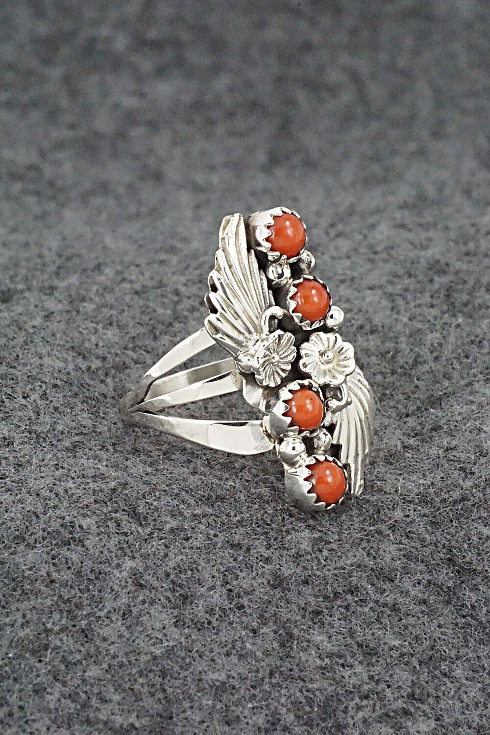 Coral & Sterling Silver Ring - Jerryson Henio - Size 7.5