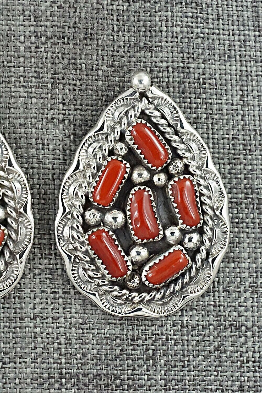 Coral & Sterling Silver Earrings - Chester Charley