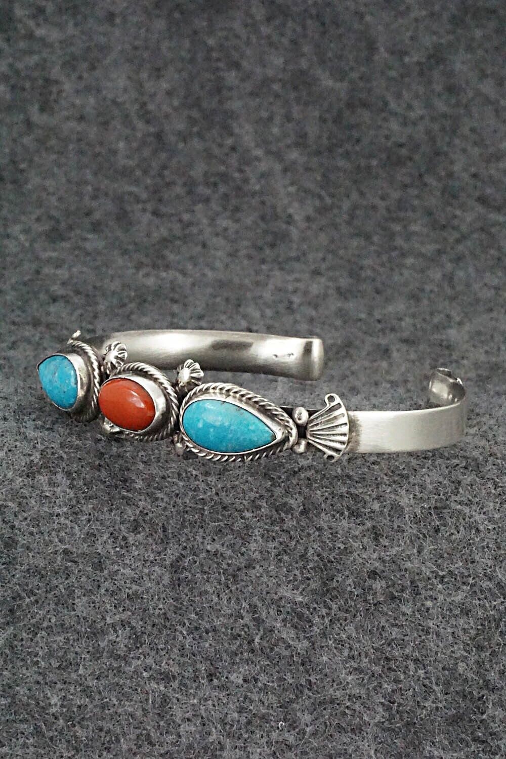 Turquoise, Coral & Sterling Silver Bracelet - Bobby Platero