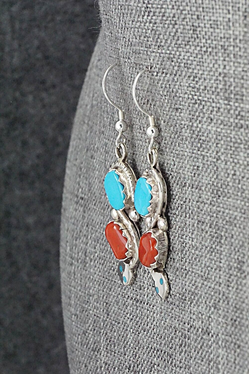 Turquoise, Coral & Sterling Silver Earrings - Joy Calavaza