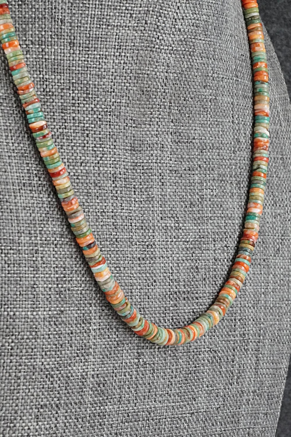 Turquoise, Spiny Oyster & Sterling Silver Necklace 17" - Doreen Jake