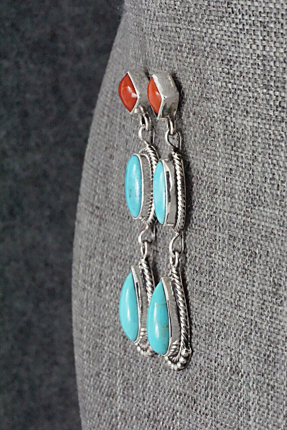Turquoise, Coral & Sterling Silver Earrings - Verley Betone