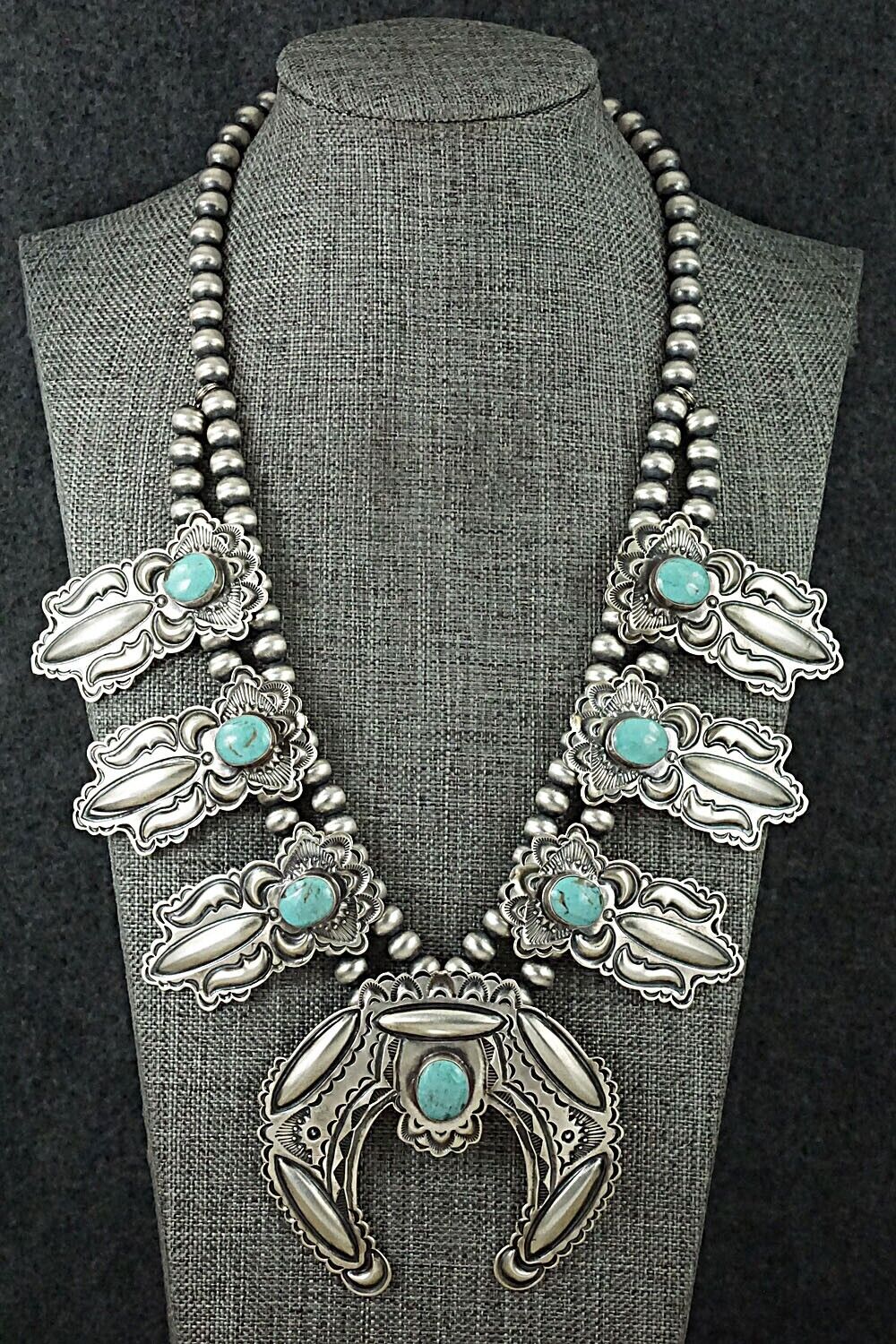 Turquoise & Sterling Silver Squash Blossom Necklace - Roland Dixson