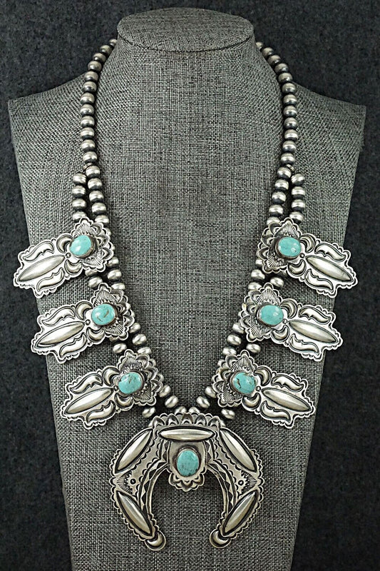Turquoise & Sterling Silver Squash Blossom Necklace - Roland Dixson