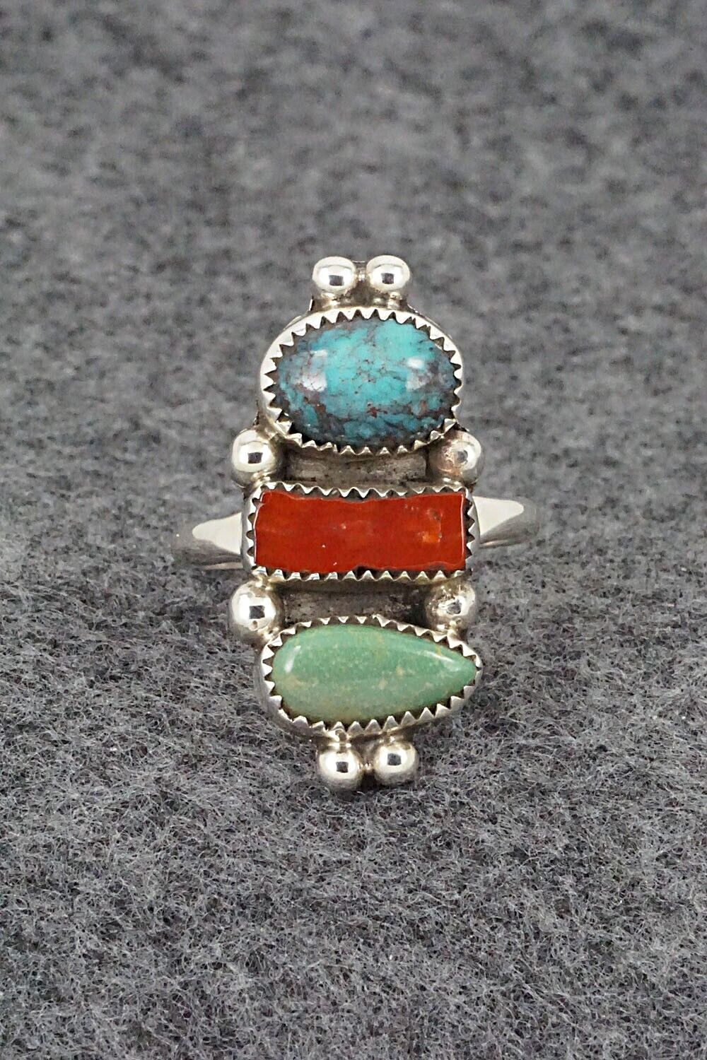 Turquoise, Coral & Sterling Silver Ring - Priscilla Reeder - Size 7.5