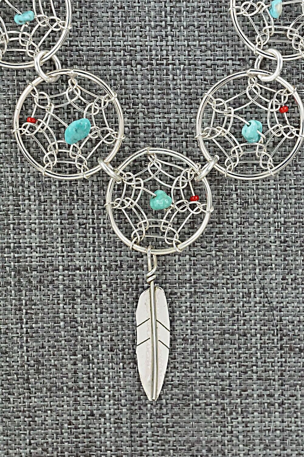 Turquoise, Coral & Sterling Silver Necklace - Lorenzo Arviso Jr.