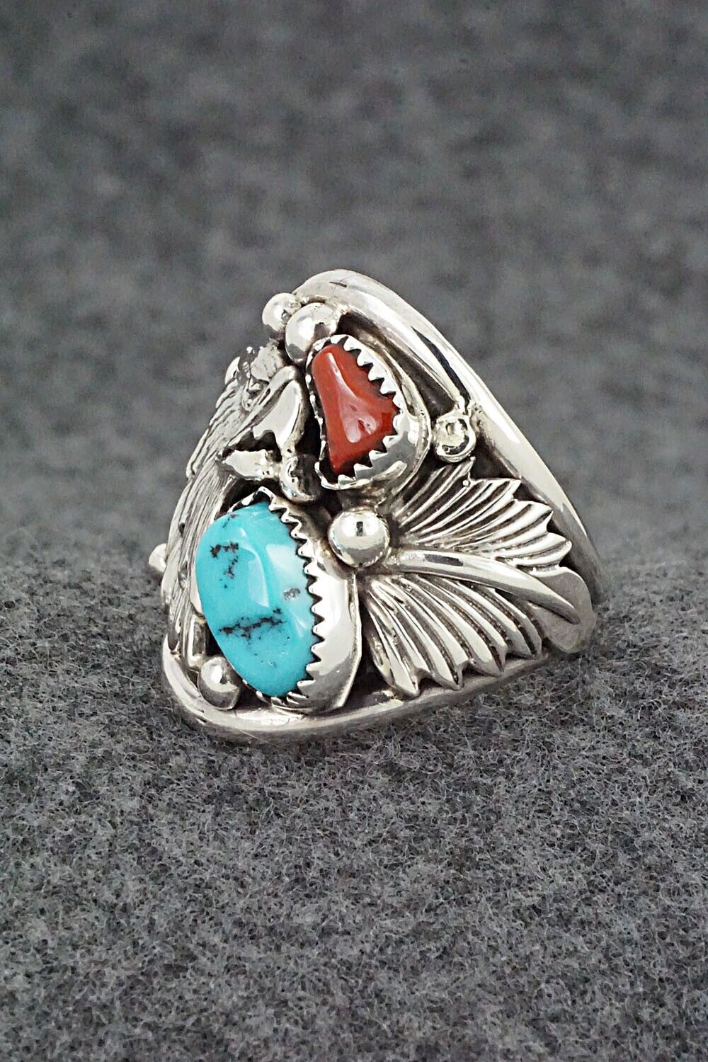 Turquoise, Coral & Sterling Silver Ring - Jeannette Saunders - Size 11
