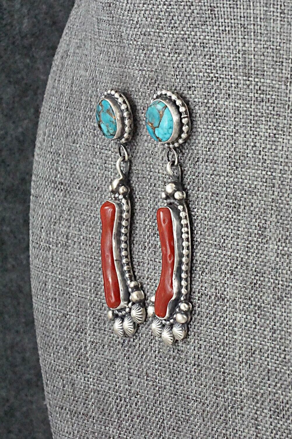 Turquoise, Coral & Sterling Silver Earrings - Tom Lewis