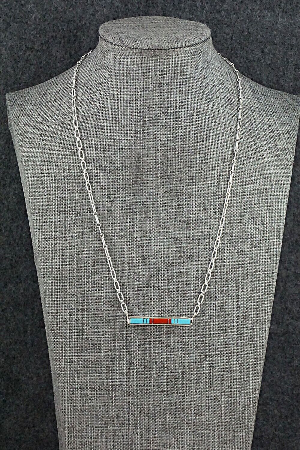 Turquoise, Coral & Sterling Silver Inlay Necklace - Roland Natachu