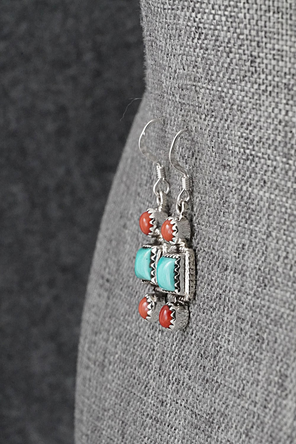 Turquoise, Coral & Sterling Silver Earrings - Gary Shorty