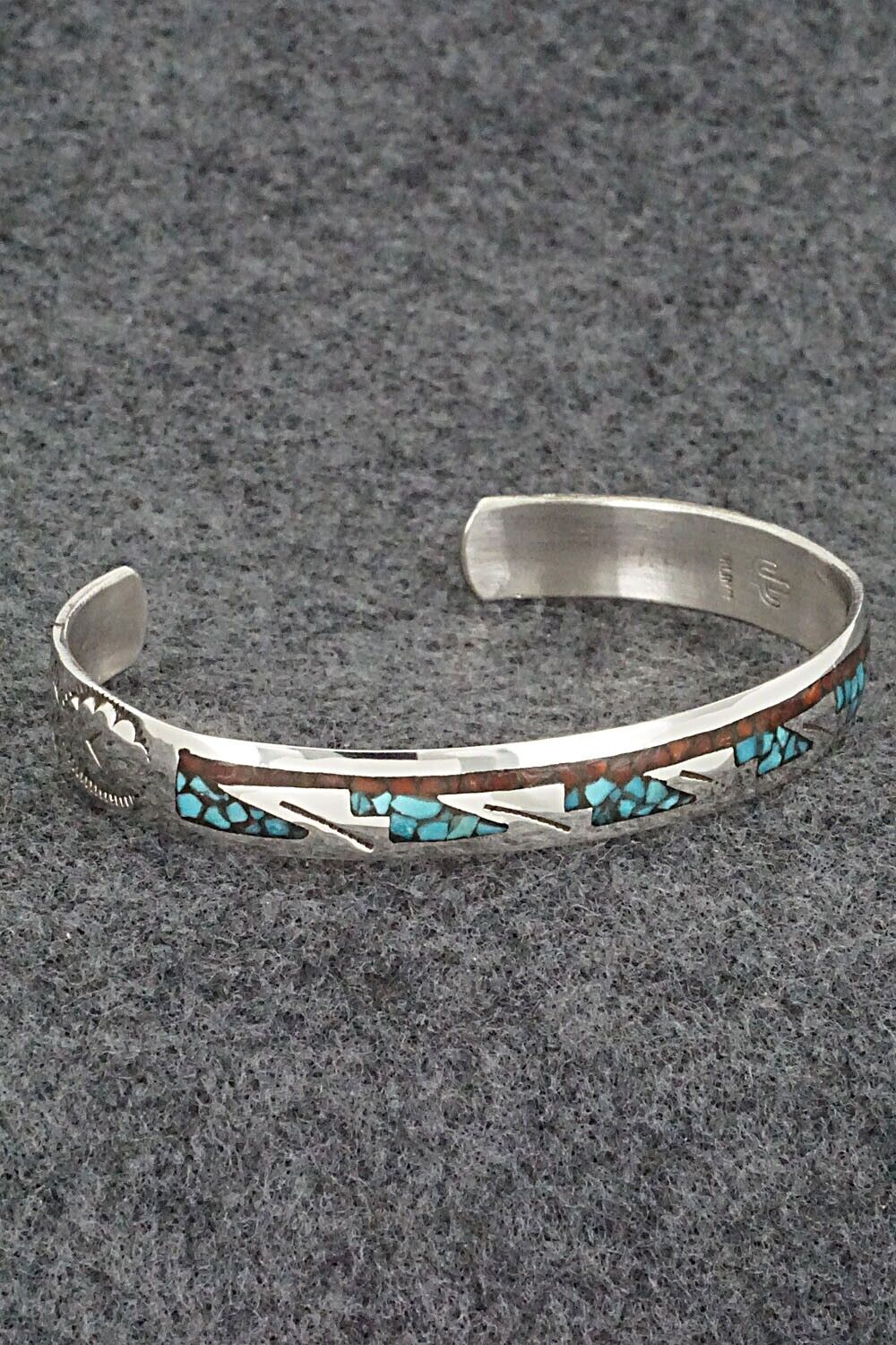 Turquoise, Coral Chip Inlay & Sterling Silver Bracelet - Joleen Yazzie