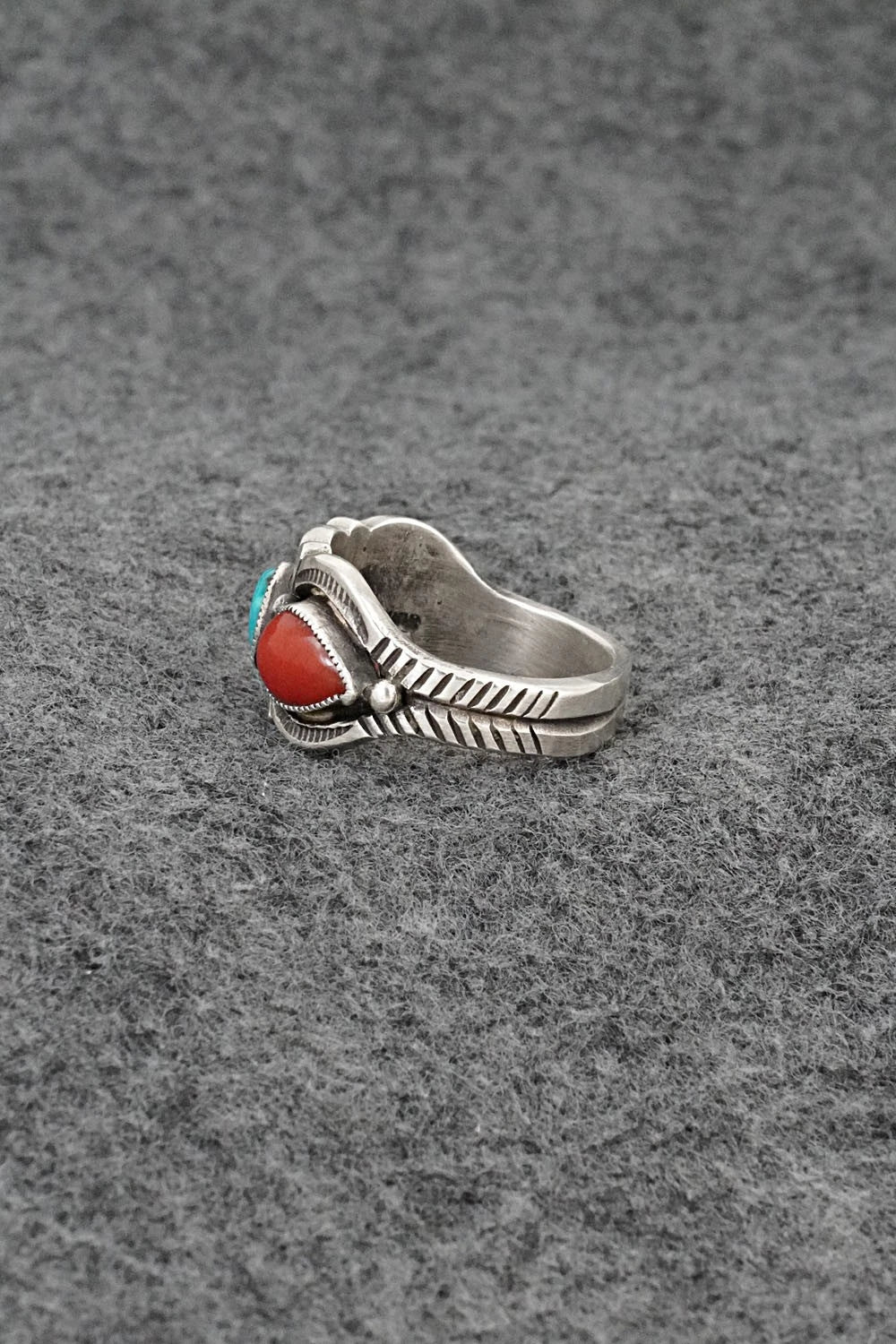 Turquoise, Coral & Sterling Silver Ring - Calvin Martinez - Size 9
