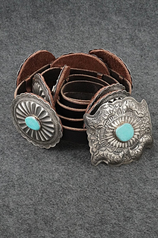 Turquoise, Sterling Silver & Leather Concho Belt - Dan Morgan